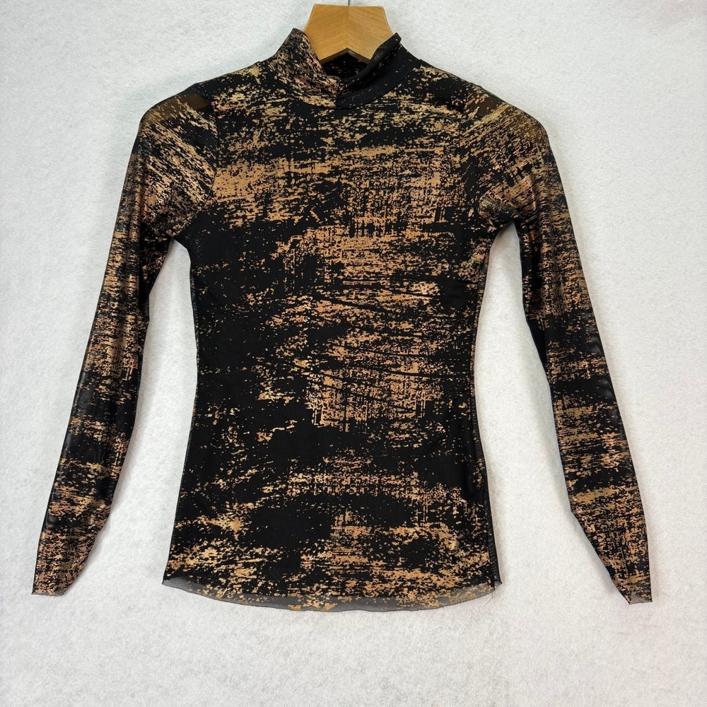Ted Baker London Womens Sz 2 Sofiy Black Gold Metallic Foil Mesh Top Mock Neck